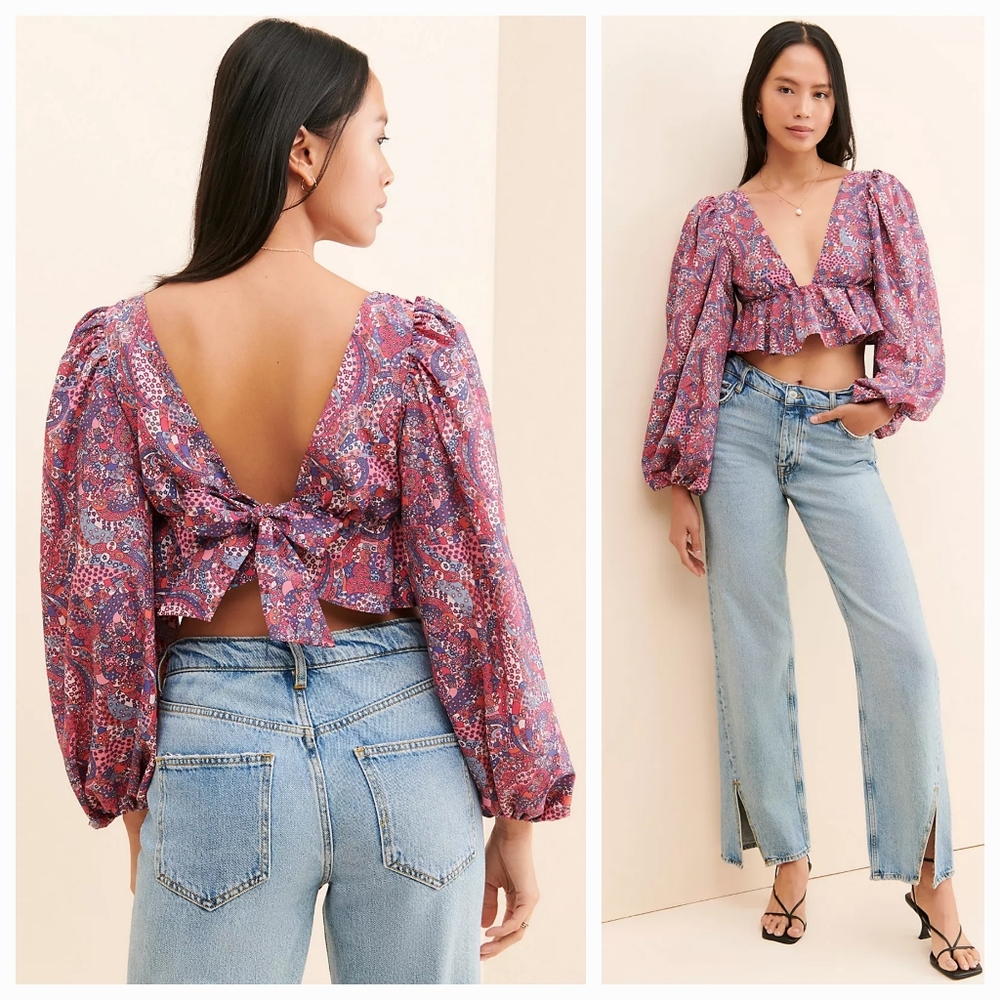 NWT- For Love & Lemons Tonya purple patchwork printed crop top Sz XXS